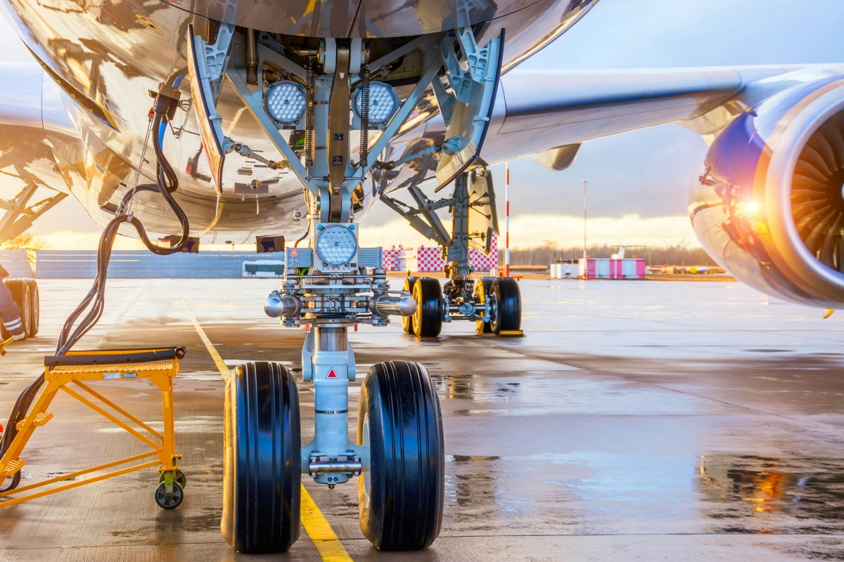 Airliner landing gear on the ramp